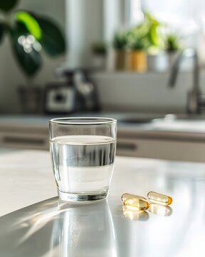 Glass of fresh water with golden softgel supplements on a bright kitchen counter, featuring natural light, clean wellness styling and healthy lifestyle concept