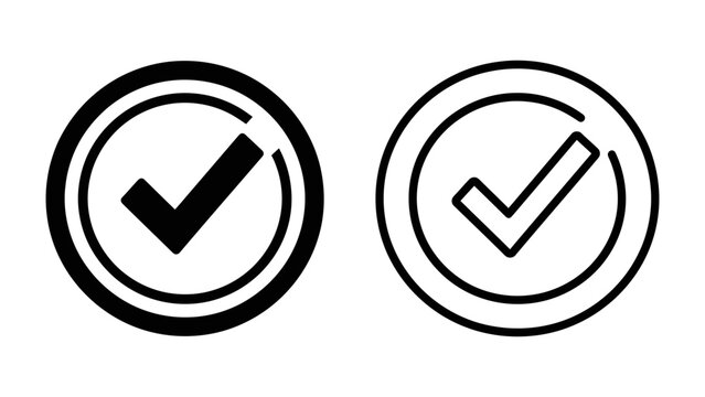 Check Mark Icons: Two distinct check mark symbols presented within circular frames, one solid black and the other an outline, represent confirmation and approval.