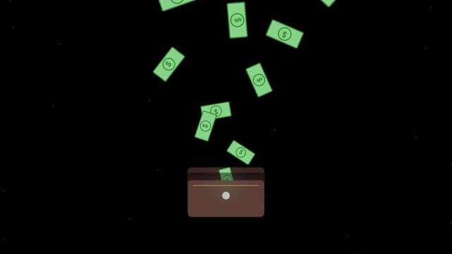 Vibrant animated illustration showcasing green currency notes gracefully falling into an open wallet, symbolizing steady income, financial prosperity, and successful wealth accumulation