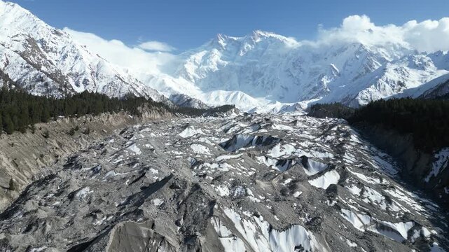 Drone Flight Above Glacier at Fairy Meadows Near Nanga Parbat Pakistan with Rugged Ice Formation and Karakoram Mountain Scenery