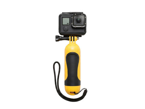 GoPro camera mounted on floating hand grip for action filming. Waterproof sports accessory for stable underwater or aerial video recording.