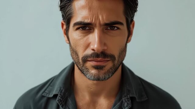 Adult male portrait face closeup headshot with beard stubble serious expression on plain background