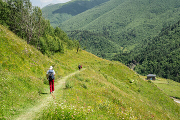 Fototapeta premium hikers descending towards Ushguli, trans-Caucasian trail, Upper Svaneti, Caucasus mountain range, Georgia