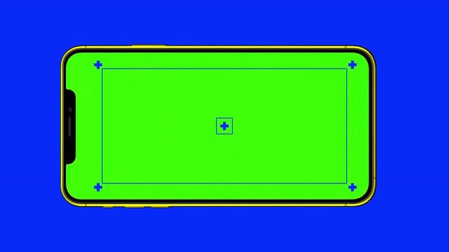 Realistic matte yellow phone frame animates onto the screen rotates from portrait to landscape. Smartphone mock up concept graphic template. 4k chroma key ready. Track points