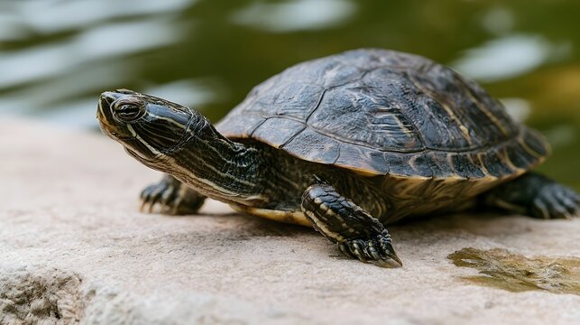 A turtle rests on a stone near water  its shell patterned and head raised slightly  showing calm natural behavior