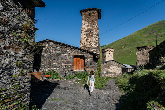 young woman on the street, Ushguli village, trans-Caucasian trail, Upper Svaneti, Caucasus mountain range, Georgia