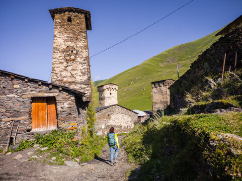young woman on the street, Ushguli village, trans-Caucasian trail, Upper Svaneti, Caucasus mountain range, Georgia