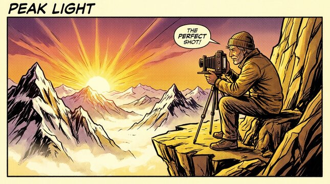 Comic book style vintage photographer taking photo on top of mountain peak at sunrise vector