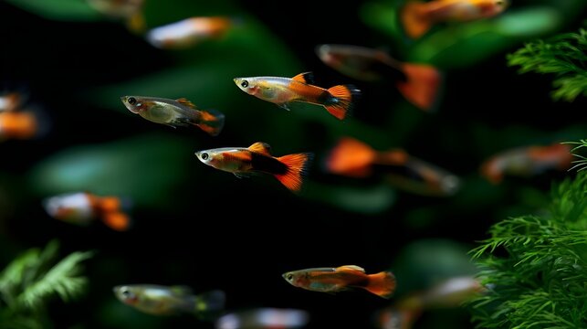 Colorful guppies swim gracefully through dark water near green aquatic plants in a serene aquarium environment