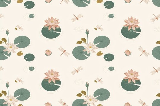 Seamless pattern featuring pink lotus flowers, green lily pads, and delicate dragonflies on a light cream background, for textile prints