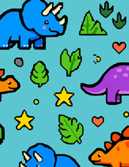 Cute pixel art dinosaur pattern featuring various cartoon dinosaurs like triceratops and stegosaurus, adorned with green leaves, yellow stars, and red hearts on a light blue background. © CAKA