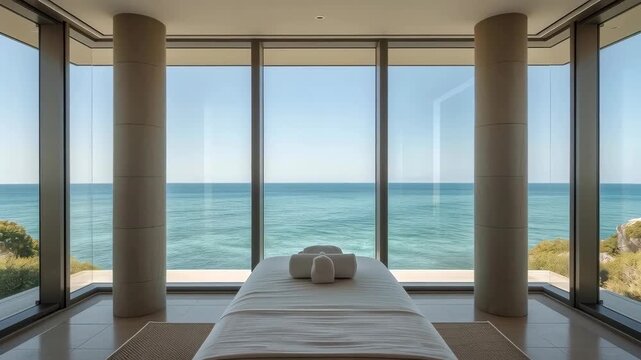 Tranquil Spa Room With Ocean View, Massage Table And Seaside Interior