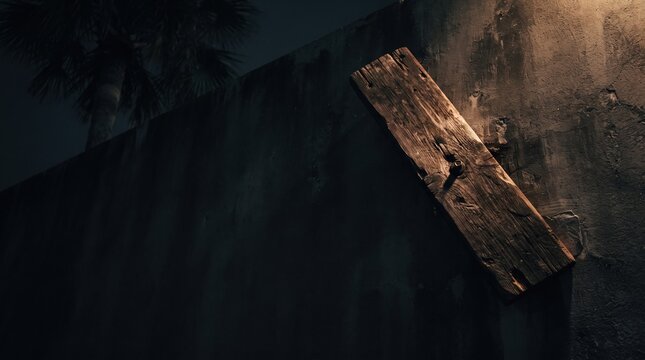 A weathered wooden plank rests against an old, textured wall. Night envelops the scene, while a faint glow from above reveals its rustic charm. Shadows dance softly.