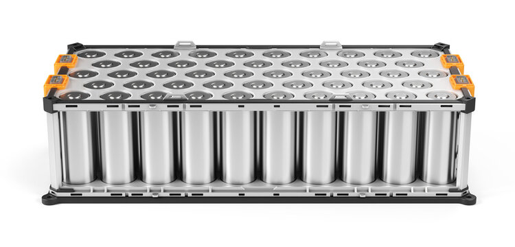 Lithium ion High voltage Battery for Electric Vehicle or Hybrid Car isolated on white. Li-ion Battery Cells Stacked inside module