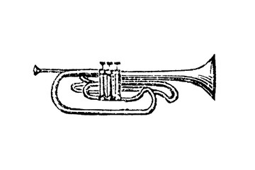 Trumpet with coiled tubing and three piston valves, old vintage illustration, 1897.
