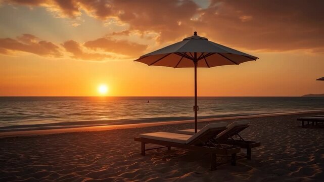 Sunset beach scene with umbrella and lounge chair, calm sea glow over tropical sand