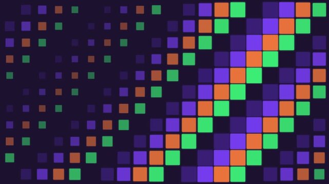 Abstract digital square grid background, colorful geometric mosaic pattern, vibrant neon pixel art animation for tech visuals