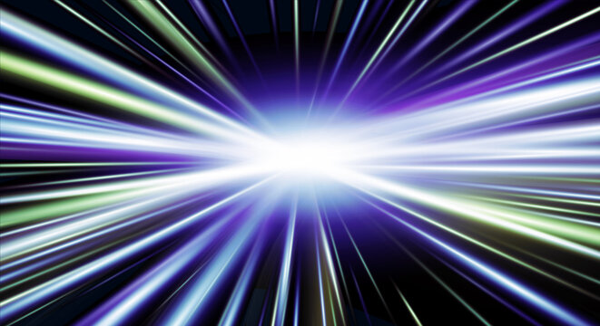 Vibrant light streaks radiating from center in dark background creating high speed motion effect with blue purple and green glowing lines for modern digital art