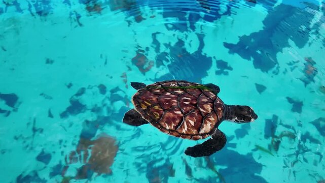 Young sea turtle Hawksbill swimming in intensely clear, bright turquoise water, which is characteristic of specialized treatment tanks or shallow enclosures used in marine wildlife rescue facilities