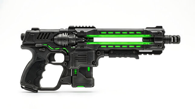A futuristic sci-fi handgun with glowing green neon energy components on white background