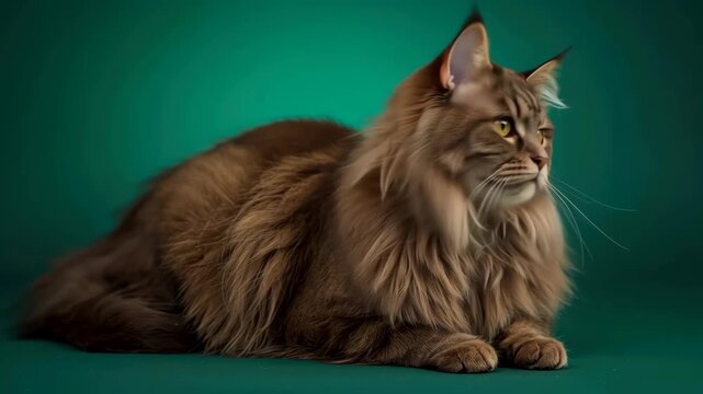 Long haired brown tabby cat with long fur on green background calm studio portrait pet feline