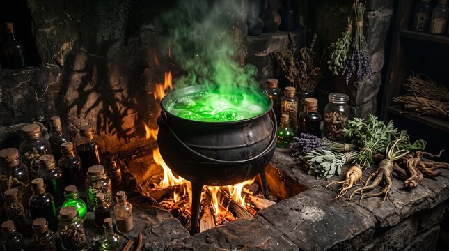 Witch cauldron boiling with glowing green potion over fire in fantasy apothecary laboratory surrounded by herbs and bottles