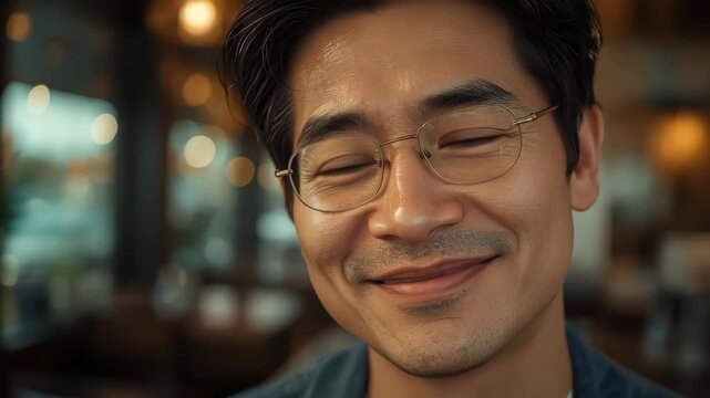 Smiling asian man with glasses portrait in warm indoor light and blurred cafe bokeh face