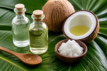 Fototapeta premium Coconut oil jars and coconut pieces displayed on tropical leaf