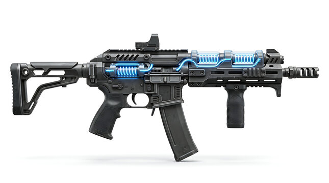 Futuristic assault rifle with glowing blue plasma energy coils isolated on white background