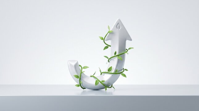 Abstract 3d render of a glossy white economic growth arrow wrapped in green plant vines with british pound sterling currency sign on clean minimalist studio background