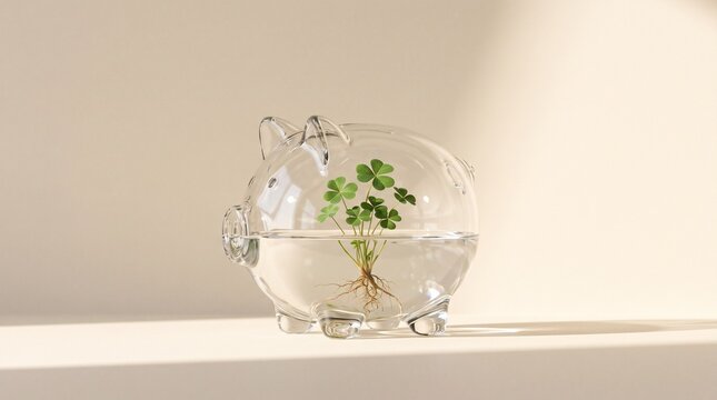 Minimalist 3d render of a transparent glass piggy bank filled with clear water and a growing green four leaf clover plant on a beige studio backdrop