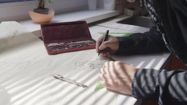 A creative designer sketches out an intricate blueprint concept in a bright, sunlit office studio, showcasing skill, patience, and traditional education. Ideal for corporate branding and design school