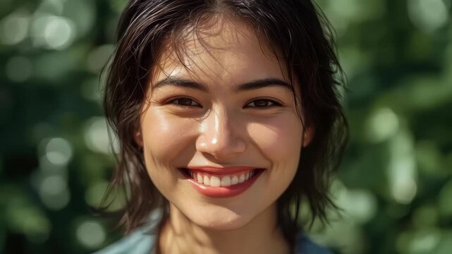Smiling young woman portrait with natural light and blurred green background outdoors in soft light