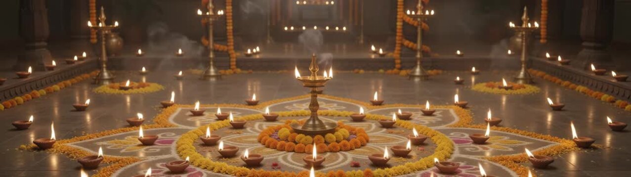 Diwali festival celebrating with traditional oil lamps arranged in a decorative rangoli pattern on the floor symbolizing light and good fortune.