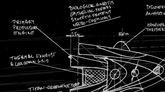 Chalk-drawn design schematic of an alien spacecraft on a dark blackboard. Ideal for sci-fi documentaries, mystery video essays, and deep-space gaming video overlays.