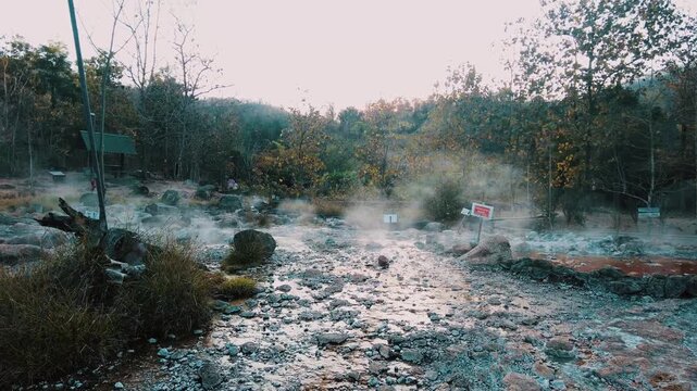 camera jib, hot water vapor coming out of ground at hotspring boiling river water source muang rae hotspring in pai thailand
