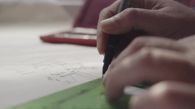A side-angle view captures the focused workflow of a designer using classic manual drafting tools for accurate concept development. Great for documentaries highlighting engineering and craftsmanship.