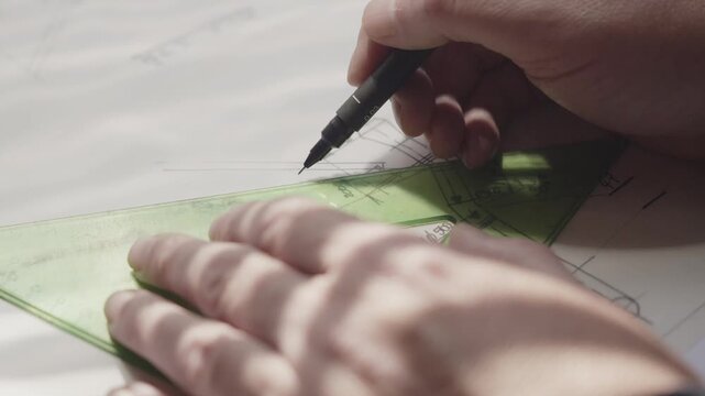 Close-up of a designer using a manual triangular drafting tool to ensure absolute geometric accuracy on a paper project sketch. Ideal for architectural education and professional design videos.