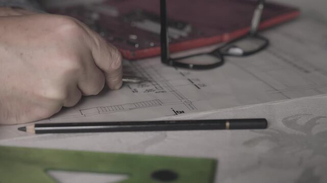 A focused design engineer uses traditional drafting tools to precisely measure technical schematics. Excellent for concepts of precision engineering, mathematics, and craftsmanship.