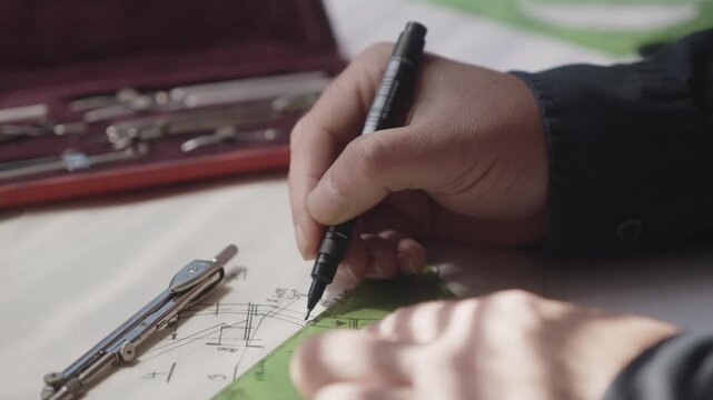 A skillful architect focuses on a technical project plan at their studio desk, using manual precision tools. Perfect for stories of engineering, design expertise, and traditional craftsmanship.