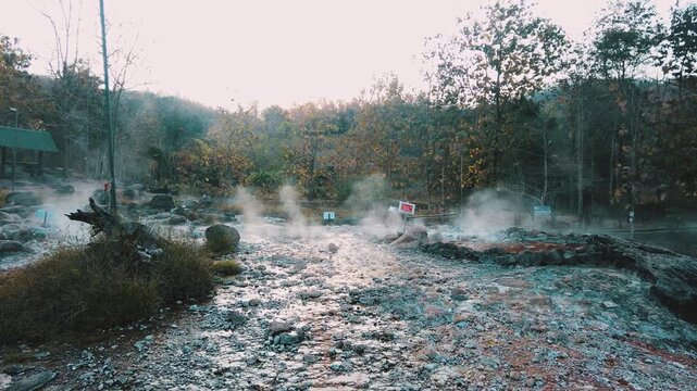 wide angle, boiling soil steaming vapour in hot spring boiling river source muang rae hotspring in pai Thailand