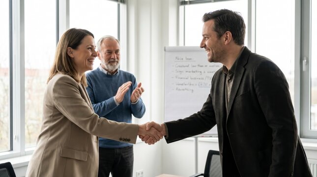 Diverse business team celebrating successful deal with handshake in bright office