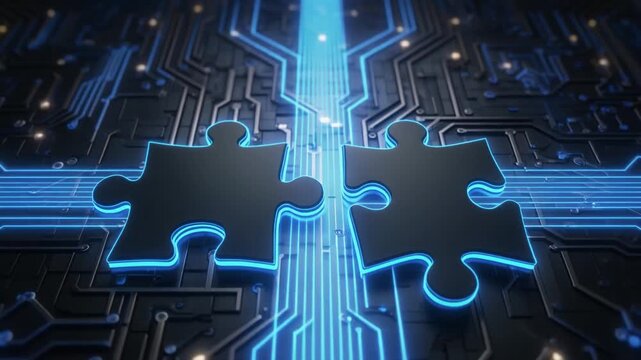A video showcasing a futuristic puzzle piece coming together on a circuit board with blue neon lights