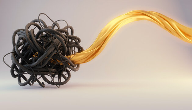 Abstract 3d render conceptual illustration of a tangled black wire ball unraveling into a smooth elegant flowing gold silk ribbon on minimalist background