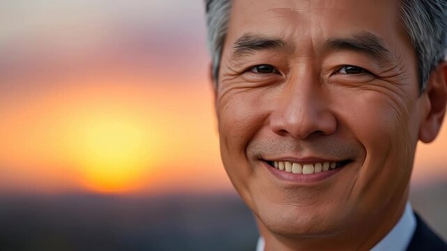 Smiling Middle Aged Asian Male Portrait at Sunset with Blurred Outdoor Background