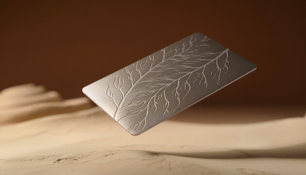 Abstract 3d render of a luxury titanium credit card with organic leaf vein patterns floating over a minimalist beige clay desert sand background