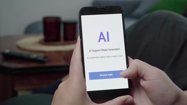 Hands hold a phone showing an AI support reply generated message with a blue review button in a casual living room.