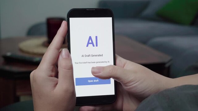 A relaxed home user views an AI Draft Generated notification with an Open draft call-to-action on a smartphone writing app.