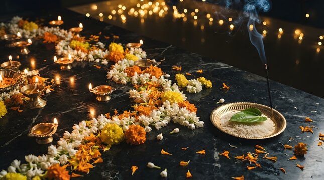 Traditional diwali puja setup with flowers, oil lamps and incense smoke