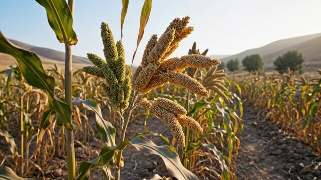 Golden finger millet clusters mature across an arid mountain farm, their dense seed fingers and weathered leaves revealing a hardy food crop shaped by scarce rain, dry soil, and relentless sunlight